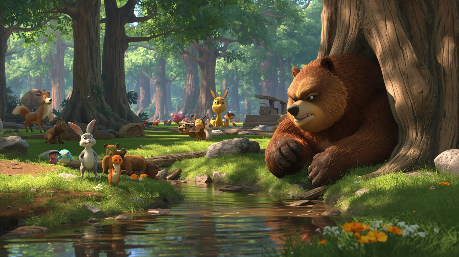 The Clever Rabbit and the Grumpy Bear 3D Story Illustration