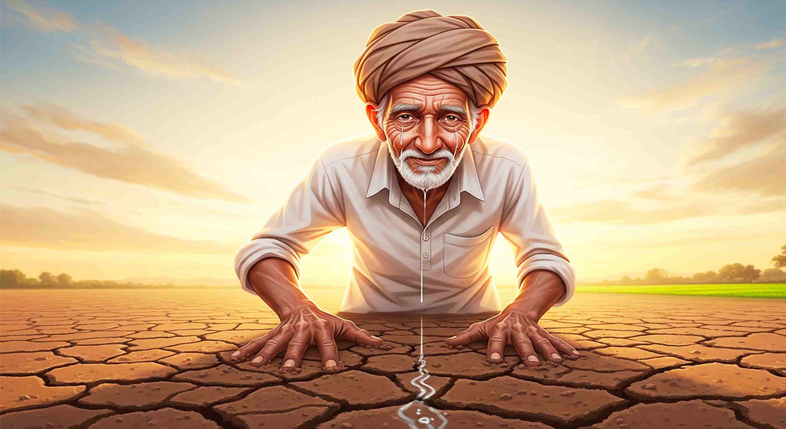 A semi-realistic digital illustration of an elderly Indian farmer in traditional attire, standing on cracked dry soil with a tear falling from his eye, symbolizing his love for the land and true success through hard work.