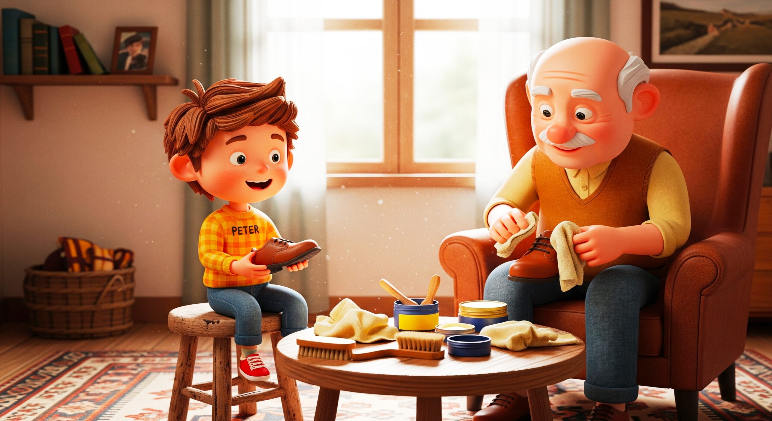 3D illustration of Peter helping his grandfather clean old shoes a short kindness moral story for kids with life lesson