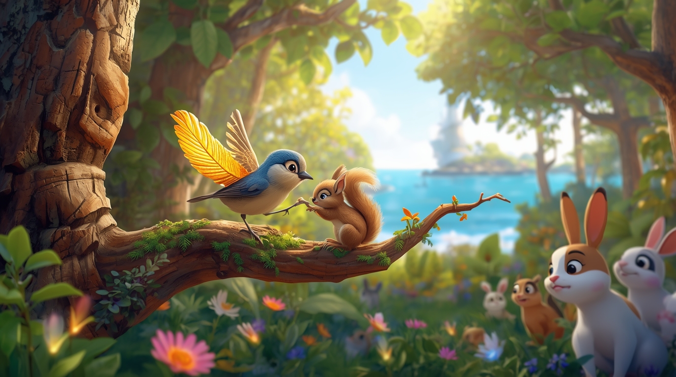 A 3D sparrow holding a glowing golden feather, helping a baby squirrel on a tree branch in a magical daytime forest, fantasy moral story for kids.