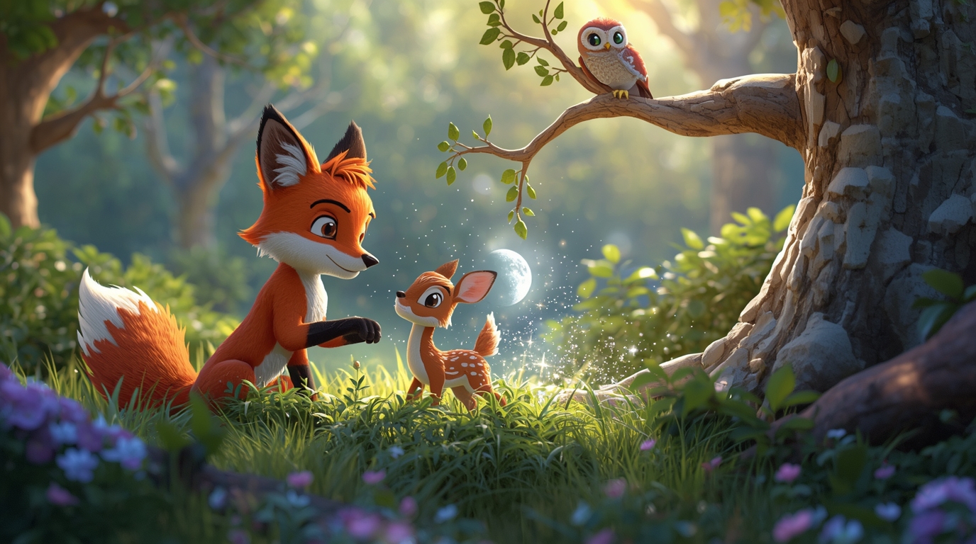 A 3D fox glowing with magical moonlight helping a little deer in the forest while an owl watches, fantasy moral story for kids.