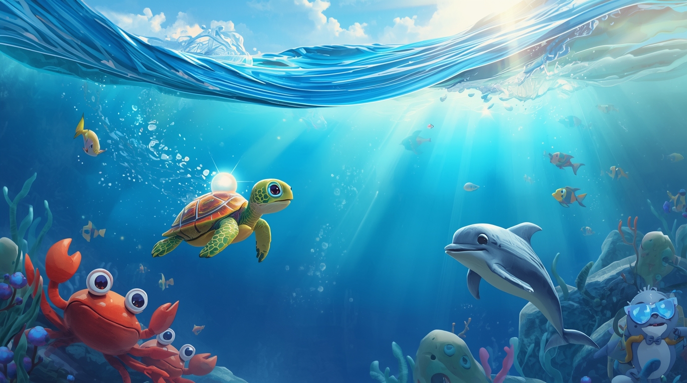 A 3D turtle holding a glowing pearl swimming in the ocean, helping a baby dolphin and small fishes, fantasy moral story for kids.