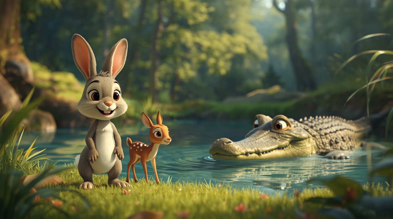 A clever rabbit helps a thirsty deer drink water safely while a crocodile swims away β kids animal story