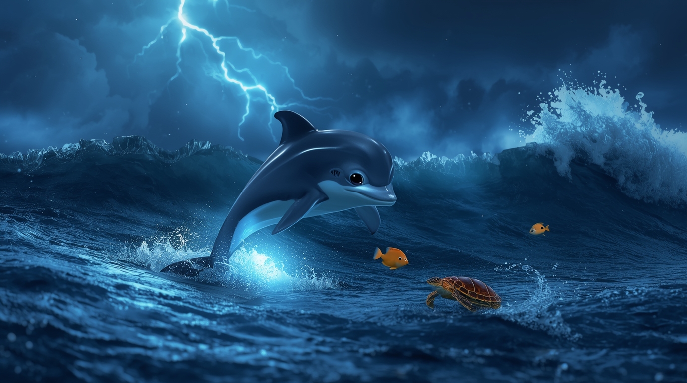 3D fantasy illustration of a dolphin guiding a turtle, crab, and fishes through stormy waves in the daytime ocean, kids adventure story.