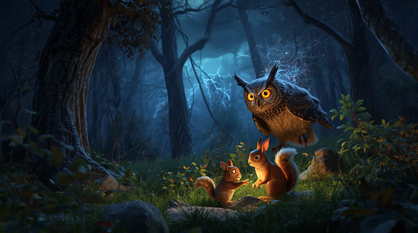 A 3D fantasy illustration of an owl helping a rabbit and squirrel during a stormy night in the forest, childrenβs moral story scene.