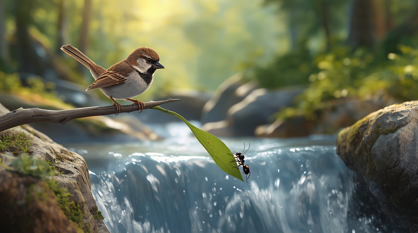 3D illustration of a sparrow helping an ant with a leaf in a river, symbolizing kindness, friendship, and helping others β bedtime story for kids.β