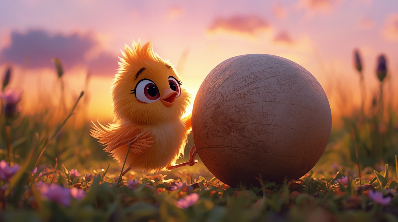 The Little Bird and the Heavy Seed bedtime story illustration of Chirpy the bird rolling a big seed in the garden, moral story for kids.