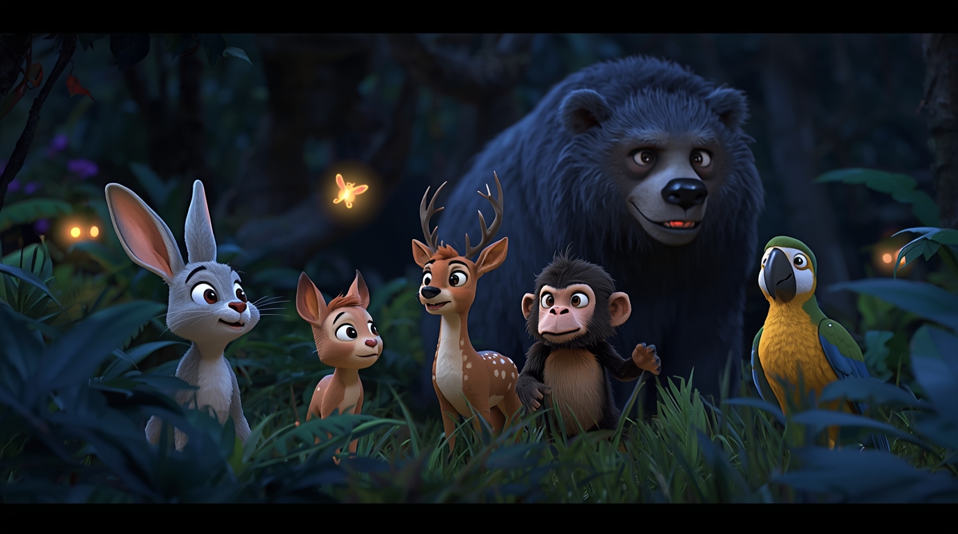 Jack the rabbit, Lily the deer, Noah the monkey, and Emily the parrot in a dark jungle at night with a glowing firefly showing a sleepy bear β bedtime story for kids