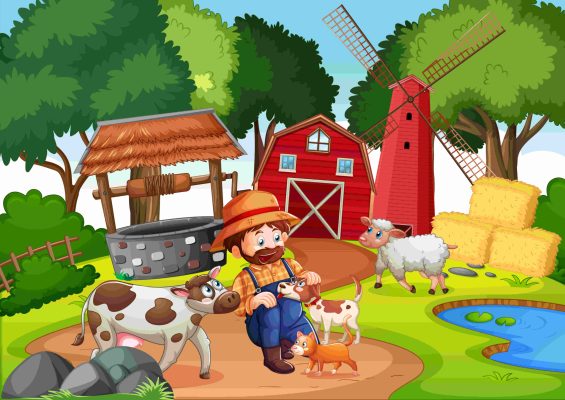 Farm with red barn and windmill scene illustration